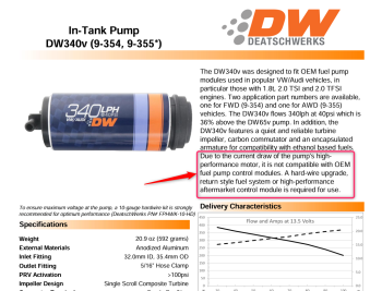 Fuel pump DeatschWerks DW340V 1.8T 20V Turbo FWD Audi/Seat/Skoda/VW