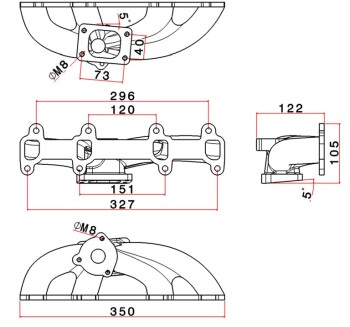 Turbo manifold for Ford Endura 1.3 8V with T25 flange and "L" wastegate connection